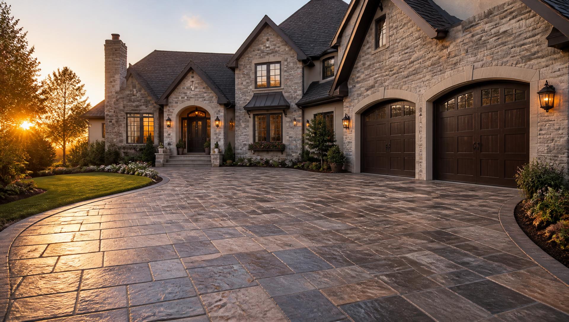 Stamped concrete driveway with ashlar slate pattern in front of a stone home