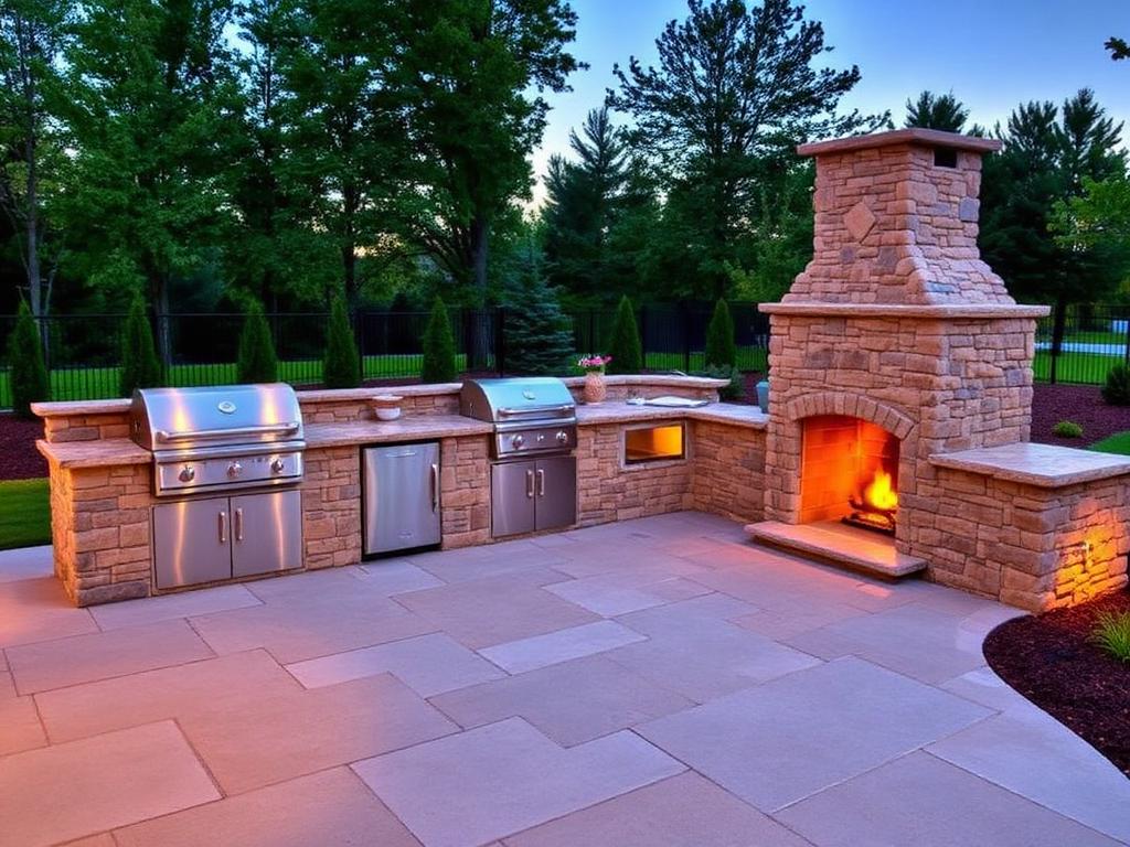 Outdoor stone kitchen and fireplace on a patio